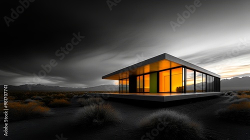 Minimalist cube house, stark black and white exterior, vibrant green door and orange window frames, sharp shadows, desert background, photographic style, moody lighting