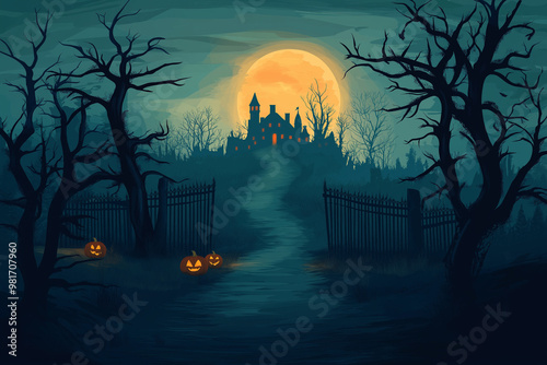 Halloween night background with spooky pumpkins, a haunted house, and dark trees. Halloween concept illustration design. Cartoon vector illustration for a Halloween party invitation or poster. Space f