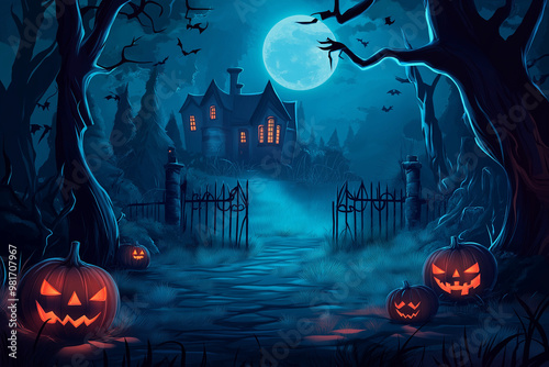 Halloween night background with spooky pumpkins, a haunted house, and dark trees. Halloween concept illustration design. Cartoon vector illustration for a Halloween party invitation or poster. Space f