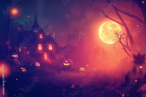 Halloween night background with spooky pumpkins, a haunted house, and dark trees. Halloween concept illustration design. Cartoon vector illustration for a Halloween party invitation or poster. Space f