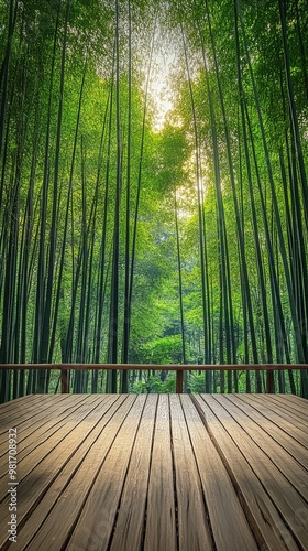 Lush Bamboo Forest Path Leads to Tranquil Wooden Boardwalk Retreat