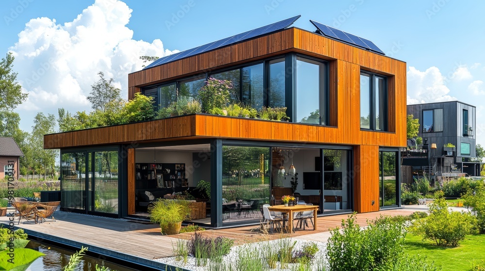 Modern cube home with a slatted wood exterior, designed with horizontal patterns, exuding warmth and minimalism, set against a tranquil natural backdrop Modern cube home with a slatted wood exterior, designed with horizontal patterns, exuding warmth and minimalism, set against a tranquil natural backdrop