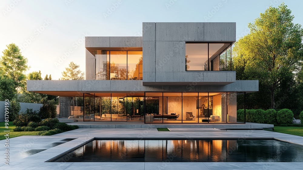 Modern cube home with concrete facade, wooden overhangs, evening light casting long shadows, contemporary architecture, digital painting, soft gradients, detailed textures Modern cube home with concrete facade, wooden overhangs, evening light casting long shadows, contemporary architecture, digital painting, soft gradients, detailed textures