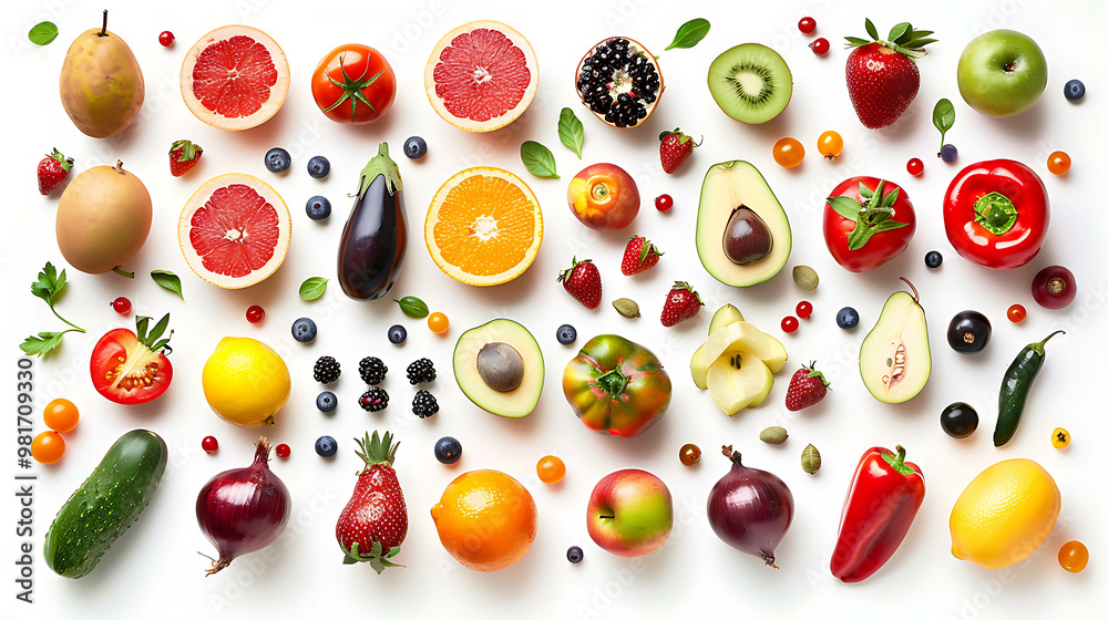 A colorful variety of fresh fruits and vegetables on a white background. A colorful variety of fresh fruits and vegetables on a white background.