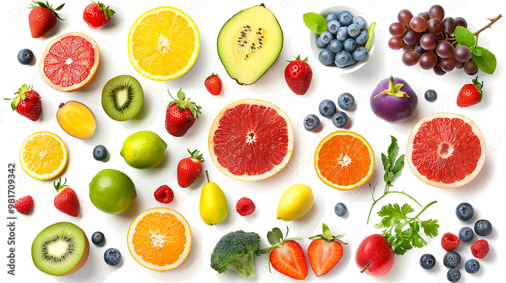 Assortment of fresh fruits and vegetables on white background.