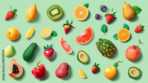 Assortment of fresh fruits arranged on a light green background.