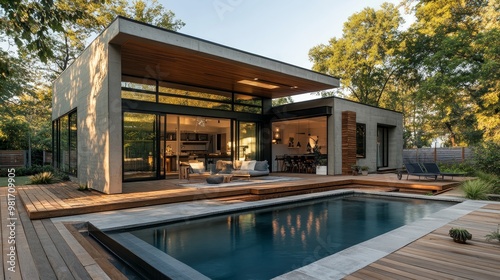 Modern modular house featuring abstract geometric concrete walls, blending into a wooden deck for outdoor living, emphasizing sustainable design