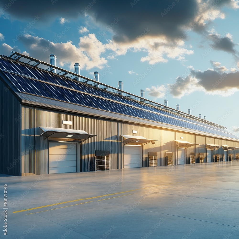 Modern Warehouse with Solar Panels Under Blue Sky Modern Warehouse with Solar Panels Under Blue Sky