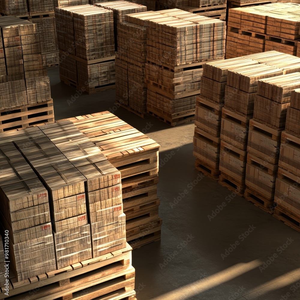 Stacked Wooden Pallets in Warehouse Interior Stacked Wooden Pallets in Warehouse Interior