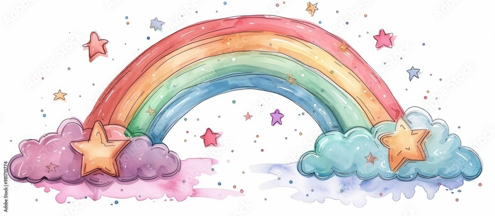 Vibrant rainbow arch with colorful stars and clouds against a pastel sky background creating a whimsical fantasy inspired perfect for decorative kids or storybook design Vibrant rainbow arch with colorful stars and clouds against a pastel sky background creating a whimsical fantasy inspired perfect for decorative kids or storybook design