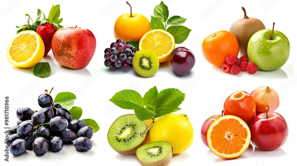 Colorful, fresh fruits and berries arranged on a white background.