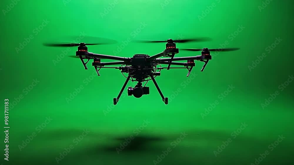 Large professional drone with a camera is hovering in the air against a green screen background, ready for post production visual effects Large professional drone with a camera is hovering in the air against a green screen background, ready for post production visual effects