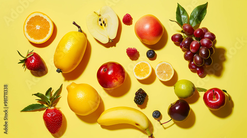 Colorful fruit and berries laid out on a yellow background.