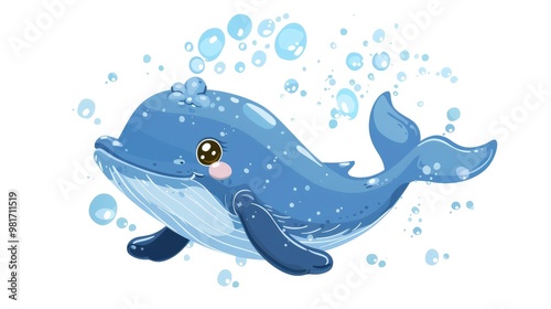 Wallpaper Mural Cute cartoon of a friendly blue whale swimming in the calm and serene underwater environment surrounded by bubbles and a fantasy like aquatic setting Torontodigital.ca