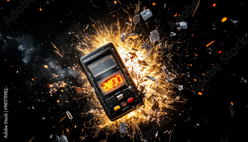 Image of a pager on a black background that explodes with flying plastic and metal parts. Electric sparks fly out of its case photo