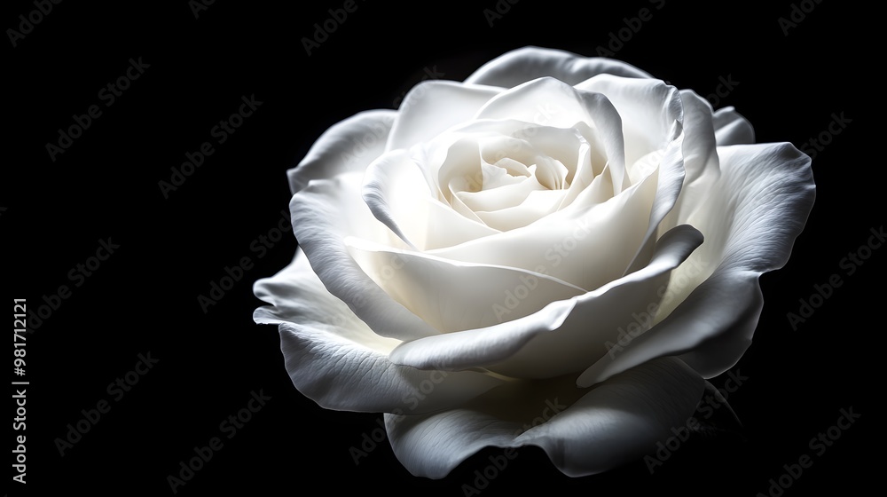 Pure white rose, fully blossomed, isolated on a deep black background, with gentle light accentuating the soft curves of each petal, perfect for luxury branding Pure white rose, fully blossomed, isolated on a deep black background, with gentle light accentuating the soft curves of each petal, perfect for luxury branding