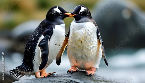 Rockhopper penguins engaging in affectionate preening interactions