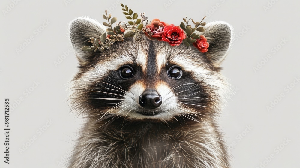 Whimsical Raccoon with Floral Crown in Enchanted Forest Scene  or digital art of a cute curious raccoon with a crown of colorful flowers and plants in a magical fairytale inspired forest landscape