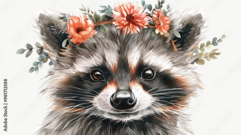Obraz premium Cute and Adorable Raccoon Wearing a Floral Wreath Crown Headdress in a Forest Nature Setting with Flowers Leaves and Greenery Whimsical Fairytale and Fantasy Style Animal Portrait