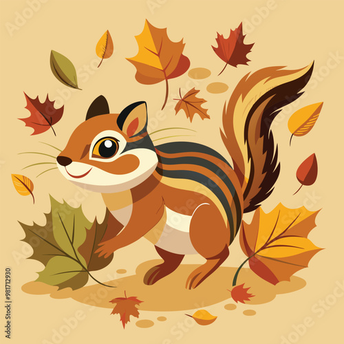 Vector Illustration of a Chipmunk Scurrying Through Fallen Leaves in an Autumn Forest - A Playful and Charming Depiction of Nature's Seasonal Beauty