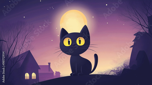 flat cartoon black cat with yellow eyes against the background of a purple sky, a full moon, and a house on a Halloween night. 