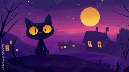 flat cartoon black cat with yellow eyes against the background of a purple sky, a full moon, and a house on a Halloween night. 