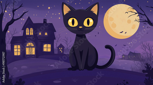 flat cartoon black cat with yellow eyes against the background of a purple sky, a full moon, and a house on a Halloween night. 