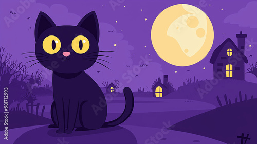 flat cartoon black cat with yellow eyes against the background of a purple sky, a full moon, and a house on a Halloween night. 