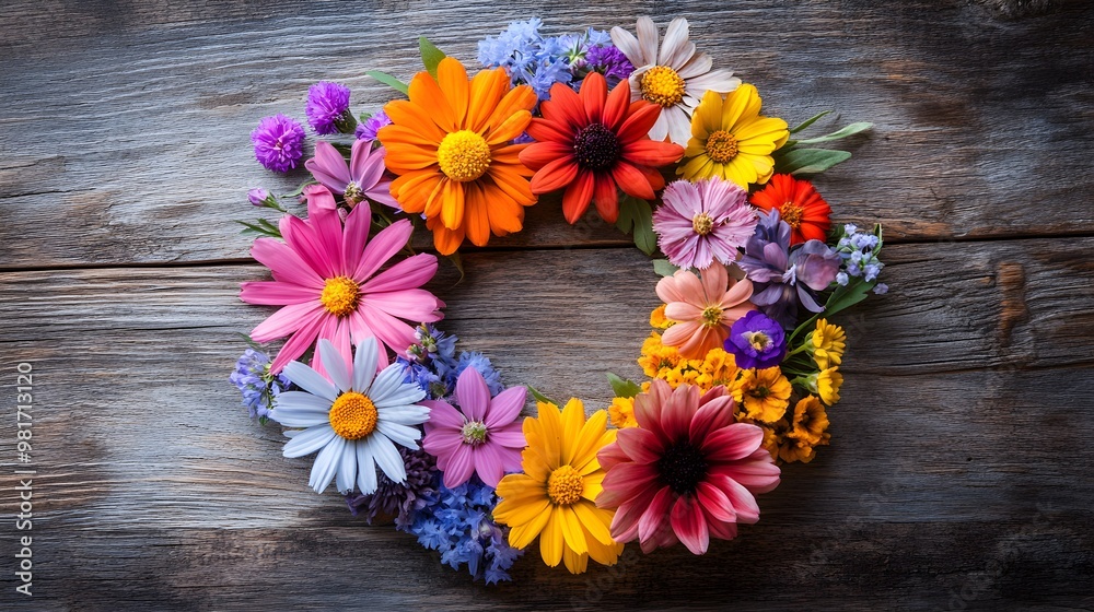 Top-down view of a vibrant spring bouquet, flowers arranged in a perfect circle, colorful petals radiating on a soft wooden surface, cheerful and celebratory Top-down view of a vibrant spring bouquet, flowers arranged in a perfect circle, colorful petals radiating on a soft wooden surface, cheerful and celebratory