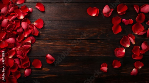 Top-down view of lush rose petals scattered on a rustic dark wood background, the rich colors and textures blend to form a scene of elegance and love