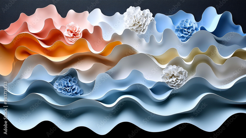 A stunning abstract composition featuring flowing waves and delicate flowers in pastel hues, creating a serene and artistic atmosphere. A stunning abstract composition featuring flowing waves and delicate flowers in pastel hues, creating a serene and artistic atmosphere.