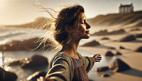 A woman with long hair is standing on a beach, looking out at the ocean