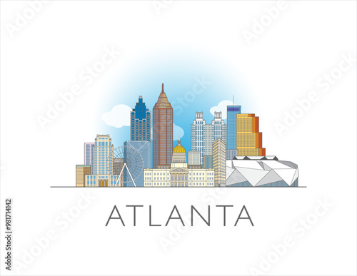 Atlanta city Georgia coloured cityscape illustration skyline drawing
