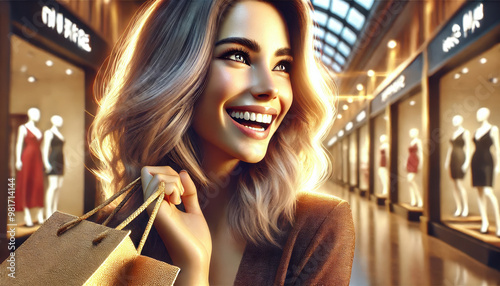 A woman is smiling and holding shopping bags in a mall