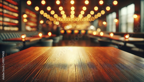 A restaurant with a wooden table in the middle of the room