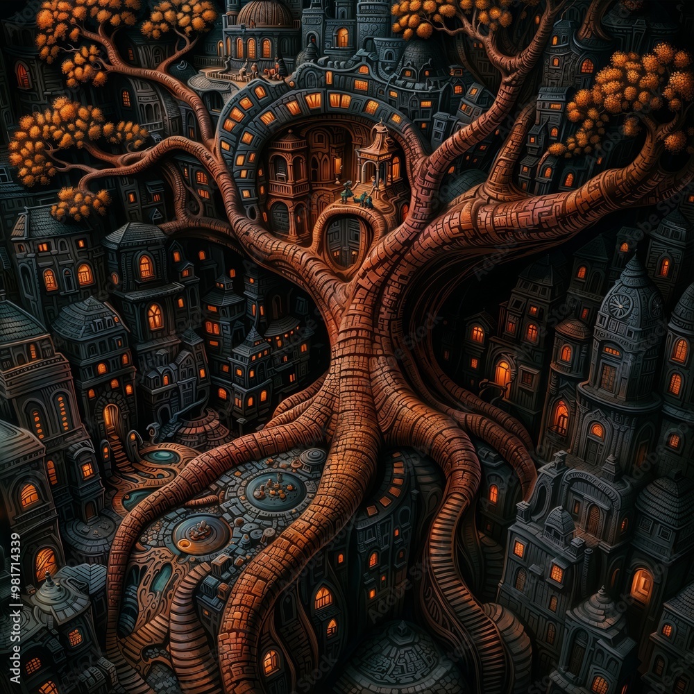 Surreal Tree Building Night Scene with Glowing Windows and Roots Surreal Tree Building Night Scene with Glowing Windows and Roots