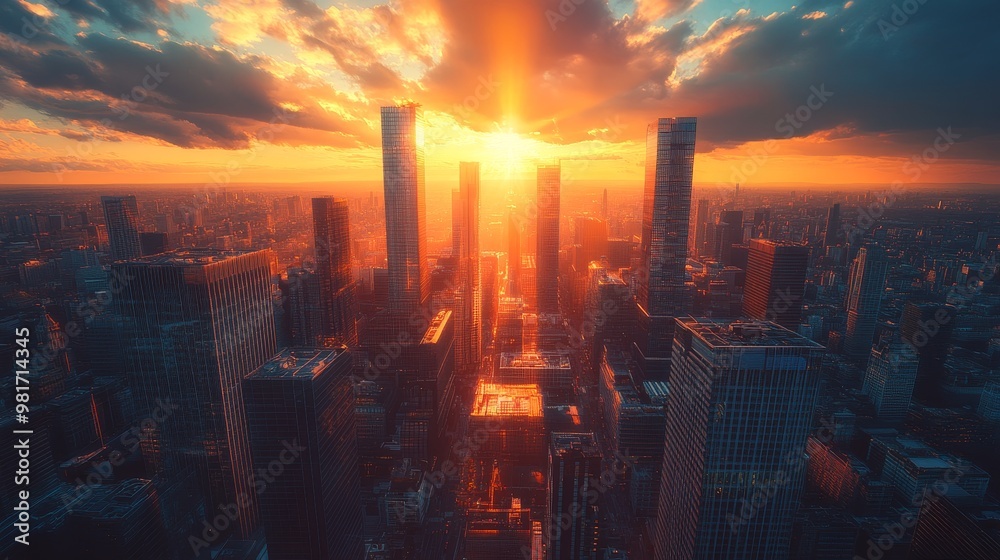 Fototapeta premium Top-down view of a futuristic city skyline as the vibrant sunset casts long shadows across modern architecture focus on, innovation theme, futuristic, manipulation, rooftop terrace backdrop