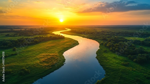 Birds-eye view of lush farmland, golden wheat fields beside a winding river, soft glow of sunrise, photorealistic, vivid colors, vibrant sky