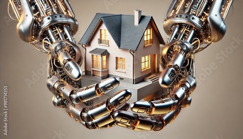 A robot is holding a house in its arms. The robot is made of metal and has a robotic arm