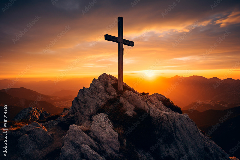 Cross on hill summit, bathed in sunlight, symbolizing Christianity. Cross on hill summit, bathed in sunlight, symbolizing Christianity.