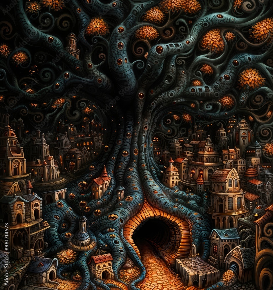 Mystical Tree with Glowing Roots in a Fantasy Village at Night Mystical Tree with Glowing Roots in a Fantasy Village at Night