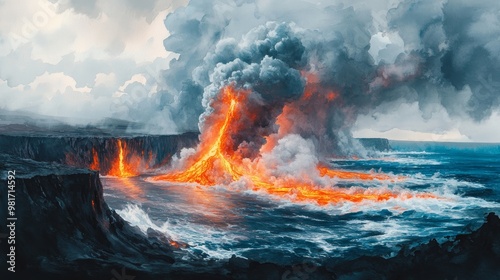 Volcanic island eruption, rivers of glowing lava flowing into the ocean, dramatic aerial perspective, thick smoke, contrast of bright lava and dark water, watercolor illustration