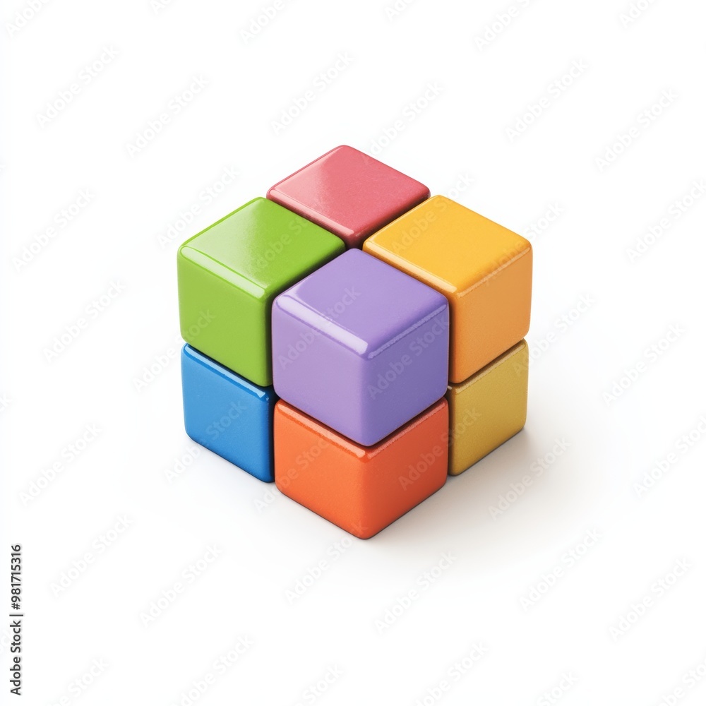 A cute, isometric representation of a toy cube with various bright colors, set against a simple white background, ideal for educational content A cute, isometric representation of a toy cube with various bright colors, set against a simple white background, ideal for educational content
