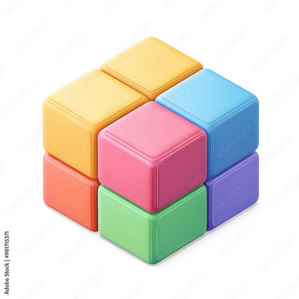 Fototapeta premium A cute, isometric view of a toy cube with various bright colors and simple shapes, isolated on a white background, ideal for educational use