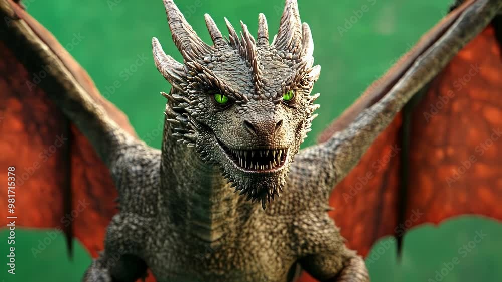 Fearsome dragon with green eyes is roaring fiercely, with its sharp teeth and powerful wings on display against a solid green background Fearsome dragon with green eyes is roaring fiercely, with its sharp teeth and powerful wings on display against a solid green background