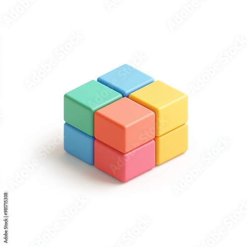 A cute, isometric representation of a toy cube with various bright colors, set against a simple white background, ideal for educational content photo