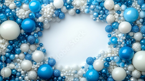 An artistic arrangement of blue and white spheres creating a vibrant frame around a blank space for creative designs.