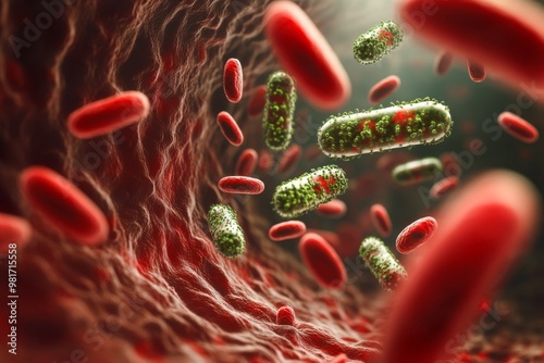 Pathogenic bacteria within the bloodstream alongside red blood cells illustrating septicemia and sepsis in human health photo