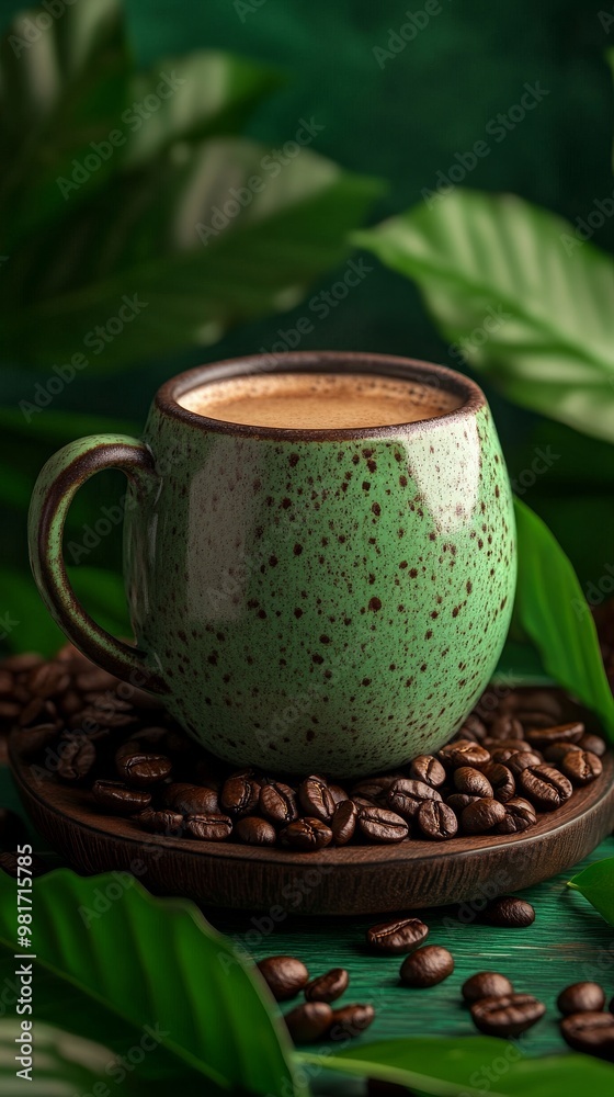 Ceramic mug of coffee surrounded by coffee Ceramic mug of coffee surrounded by coffee