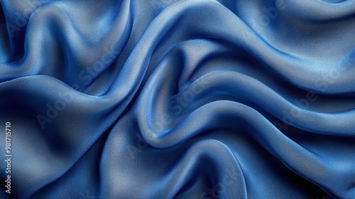 Close-up of luxurious blue silk fabric, showcasing smooth texture and elegant drape, perfect for fashion and interior design.